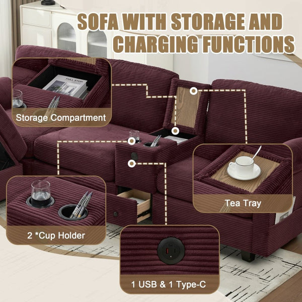 English Elm United L-Shaped Multifunctional Corduroy Sofa: 4-Seater With Usb Ports, Cup Holders & Storage Solutions W1568S00220-GIGA