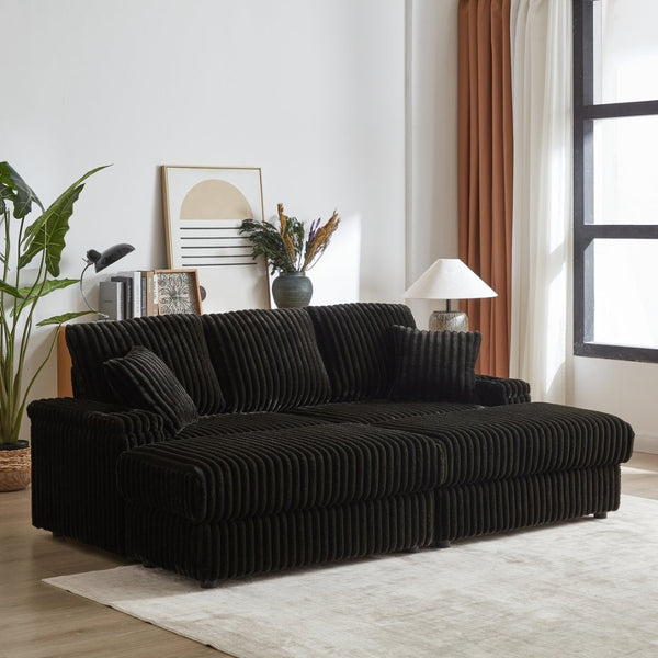 English Elm 84inch Corduroy Deep Seat Three Person Sofa with Storage Ottomans for Living Room Black W834S00566