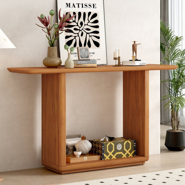 English Elm Mirod Acacia Veneer Console Table with U-base and Curved Edges for Entryway Brown N760P237958D