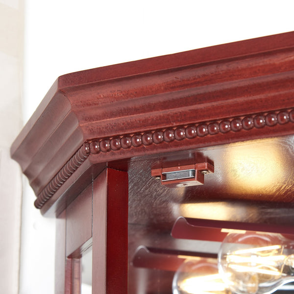 English Elm Corner Curio Cabinet with Lighted Top, Mirrored Back, Tempered Glass Shelves, Walnut Finish Elegance Cherry W1693P165015