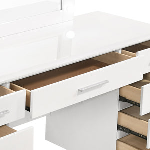 English Elm Sarah Glossy White Vanity Desk with Mirror & Hollywood Lights, Felt-Lined 9 Drawers, High Gloss Finish B062S01007