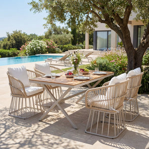 English Elm Outdoor Teak and Wicker Patio Dining Set Seats Four with Cushioned Armchairs N770PS526B27B