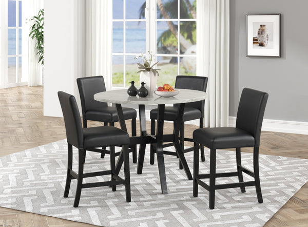 English Elm 5pc Pub Height Dining Set Faux Marble Round Top with PU Upholstered Chairs White Top Black Base B011P405700