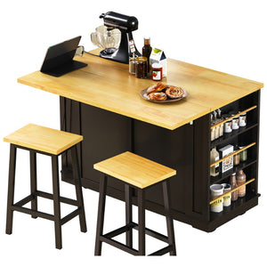 English Elm 48 Inch Rolling Kitchen Island Drop Leaf Prep Cart with Power Outlets and Open Shelving Black N707S257057B