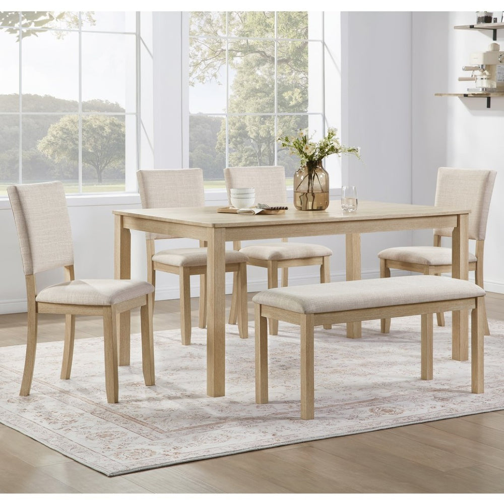 English Elm 6 Piece Rubberwood Dining Set with Bench and Linen Chairs for Transitional Kitchen W1998S00085