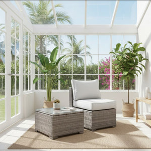 English Elm 2-piece Outdoor Pe Rattan Balcony Set with Armless Sofa and Tempered Glass Table B082P455124