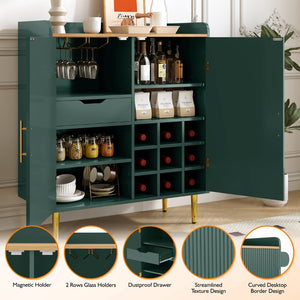 English Elm Modern Fluted Bar Cabinet with Wine Rack Glass Holders Adjustable Shelving and Hidden Drawer Green N728P438606G