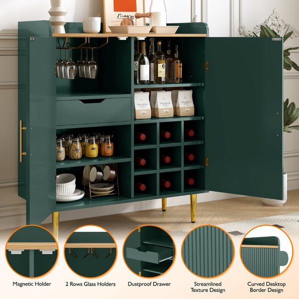 English Elm Modern Fluted Bar Cabinet with Wine Rack Glass Holders Adjustable Shelving and Hidden Drawer Green N728P438606G