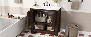 English Elm Christopher Knight Home® - 36" Modern Wall-Mounted Bathroom Vanity with Ceramic Sink, Soft-Close Doors, Fluted Accent & Open Shelves Antique brown N817P245321B