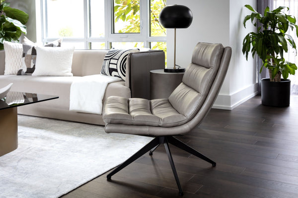 Sunpan KELLER Swivel Lounge Chair in Missouri Stone Leather - Mid-Century Modern Comfort & Style 108722