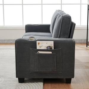 English Elm 84.25-inch Corduroy Three Seater Sofa with Cup Holders Modern Minimalist Living Room Couch Gray W288P399979