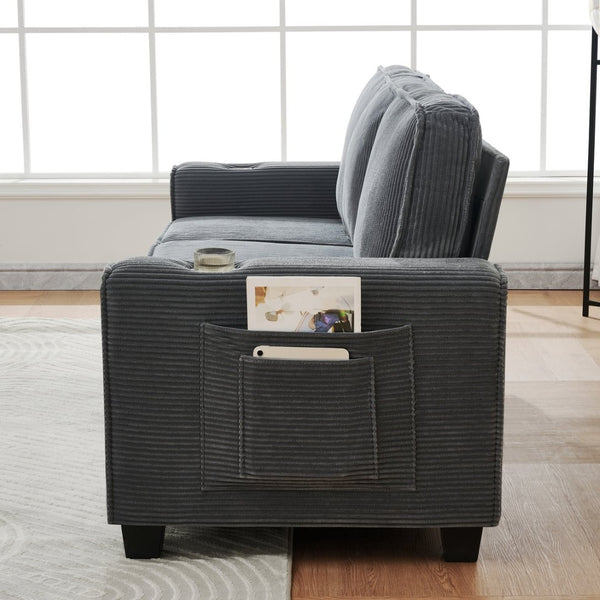 English Elm 84.25-inch Corduroy Three Seater Sofa with Cup Holders Modern Minimalist Living Room Couch Gray W288P399979