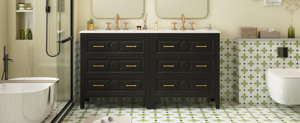 English Elm 60'' Elegant Black Bathroom Vanity Set With Ceramic Sink, 6 Drawers, Solid Wood Frame & Storage N710SS00003B