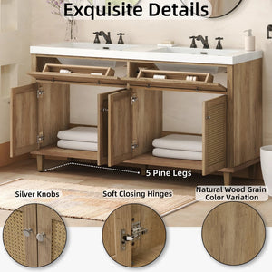 English Elm Christopher Knight Home® - 60 Inch Bathroom Vanity with Double Sinks SMC, Rattan Doors, Soft-Close Drawers, Stable Pine Legs Wood N817P296140N