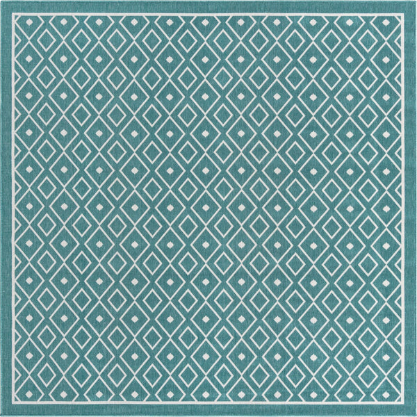 Unique Loom Outdoor Trellis Kafes Machine Made Geometric Rug Teal, Ivory 7' 10" x 7' 10"
