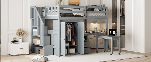 English Elm Queen Murphy Bed with Integrated Desk Cabinet Shelves Space Saving Studio Solution Gray N708S00014E