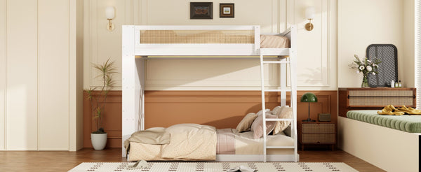 English Elm Twin Over Full Bunk Bed with Cane Guardrail Led Lighting and Built-in Bookshelf White LT000351AAK