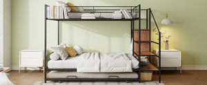 English Elm Twin Metal Bunk Bed with Trundle, Lateral Storage Ladder & Wardrobe | Space-Saving Durable Design Black SF000173AAB