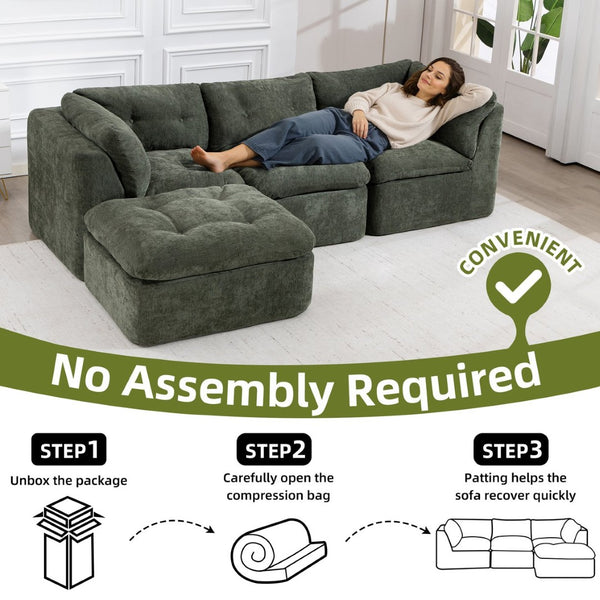 English Elm Modern Chenille Cloud Sectional with Ottoman Deep Sink Modular L Shaped Living Room Sofa Blackish Green W2379S00002