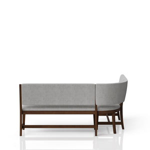 English Elm Curved Beige Mid-Century Dining Bench with Upholstered Seat & Back, Reversible Long Side, Wood Finish B2699S00001