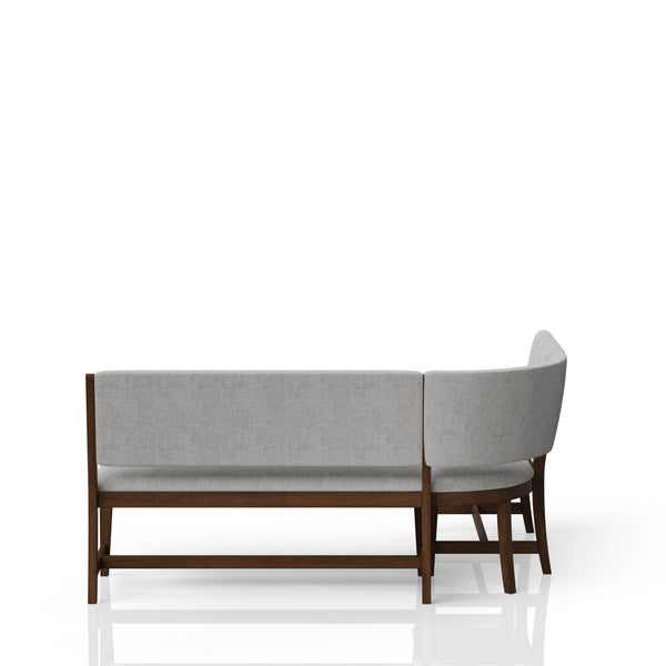 English Elm Curved Beige Mid-Century Dining Bench with Upholstered Seat & Back, Reversible Long Side, Wood Finish B2699S00001