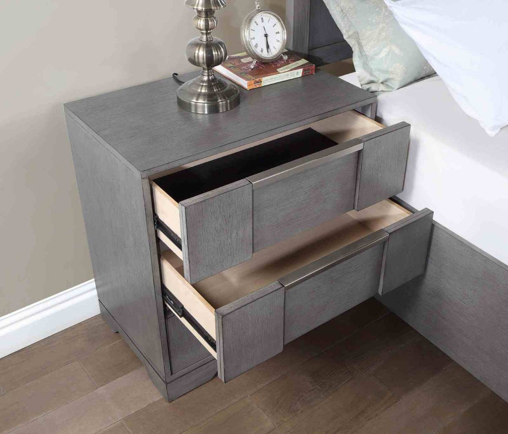 English Elm Contemporary Gray Nightstand with Dovetail Drawers Nickel Pulls and Felt Lined Storage B2741P436975