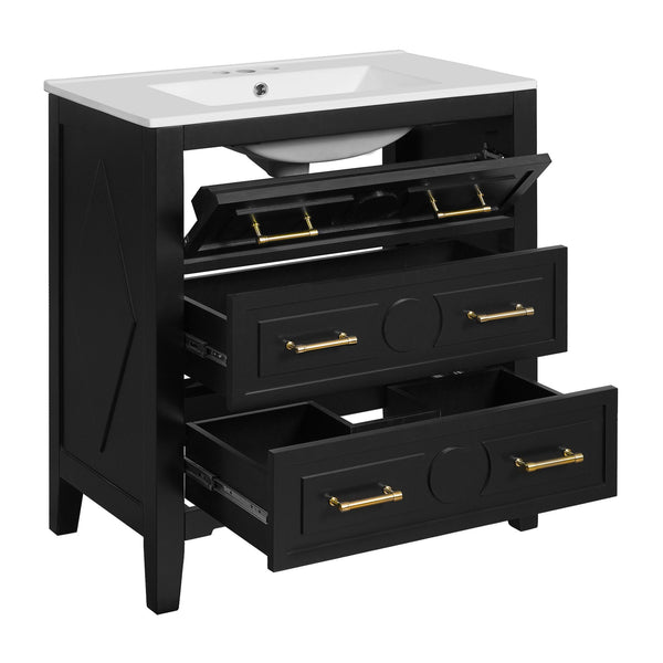 English Elm 30'' Bathroom Vanity with Ceramic Sink, Solid Wood Frame Retro Style Vanity with 3 Drawers & Gold Handles Black N710P246209B