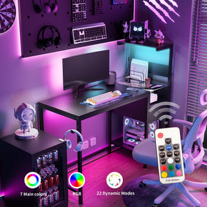 English Elm Computer Gaming Desk with RGB LED Lights, Reversible 4-Tier Shelves, Drawer & Headphone Hook, Space-Saving Workstation Black W578P191952