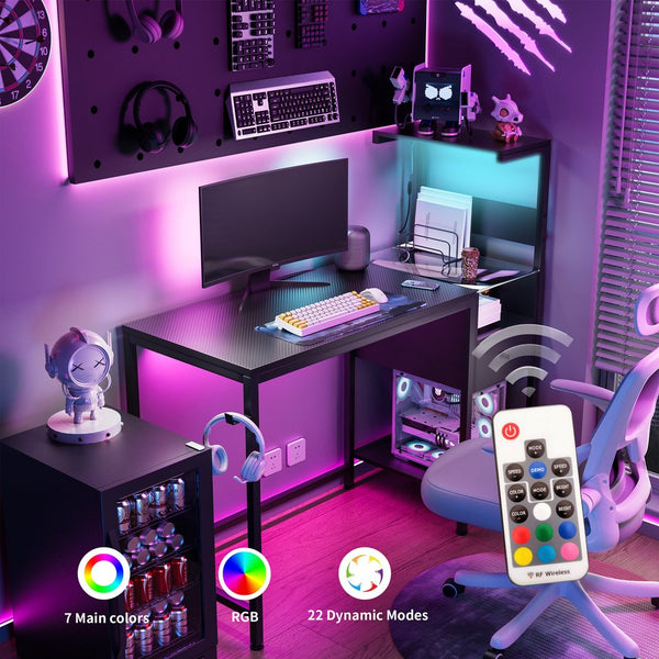 English Elm Computer Gaming Desk with RGB LED Lights, Reversible 4-Tier Shelves, Drawer & Headphone Hook, Space-Saving Workstation Black W578P191952