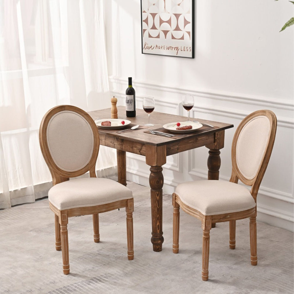 English Elm French Country Round Back Dining Chairs Linen Upholstered Rubberwood Set for Farmhouse Table W2533P167546
