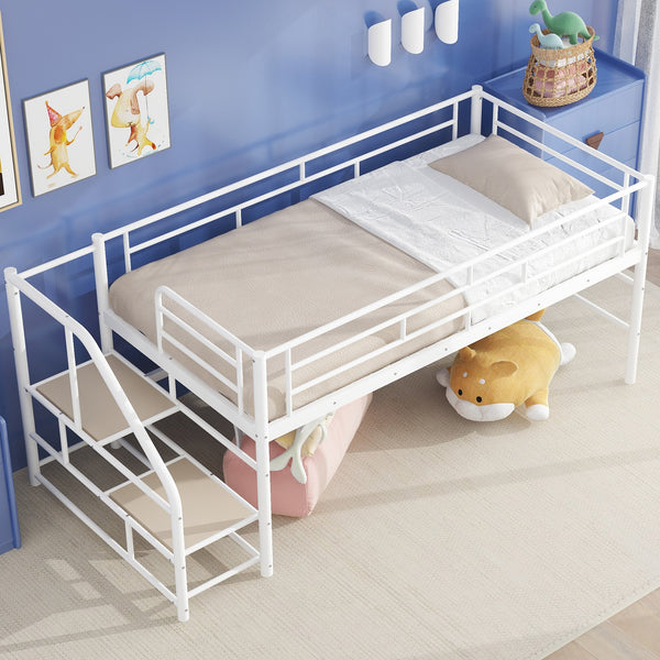 English Elm Mid Mid Loft Bed with Storage Stairs Twin Safety Ladder Low 26.6" Slats Sturdy Metal Frame White MF323325AAK