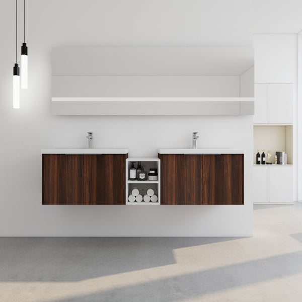 English Elm 72 Inch Wall Mounted Vanity with Resin Sink, Soft-Close Doors, Ample Storage Shelves, Durable Eco Plywood Finish California Walnut W999S00189