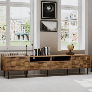 English Elm Mid retro TV Stand for TVs up to 85" — Medieval-inspired media console with 2 drawers, 4 cabinets, cable management Natural N710P193724P