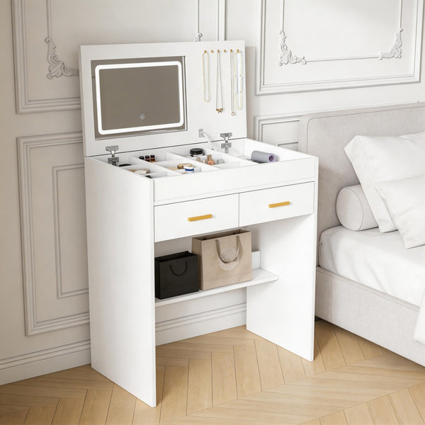 English Elm Flip Top Makeup Vanity Desk with Led Mirror Built-in Outlet and Jewelry Hooks W2699P404630