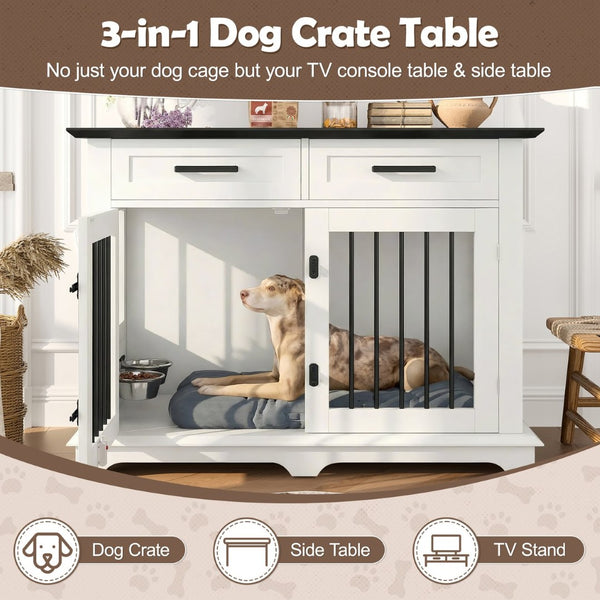 English Elm 44.48" Wooden Dog Crate End Table with Drawers Rotating Bowls Farmhouse Pet Kennel Black,White N704P379112K