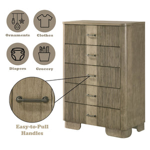 English Elm Lakkari 5-drawer Tall Chest with Antique Oak Finish and Felt-lined Jewelry Drawer B2756P506266