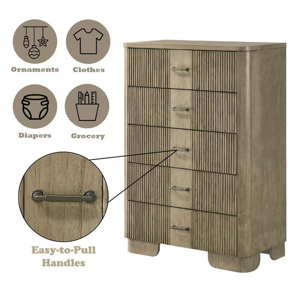 English Elm Lakkari 5-drawer Tall Chest with Antique Oak Finish and Felt-lined Jewelry Drawer B2756P506266