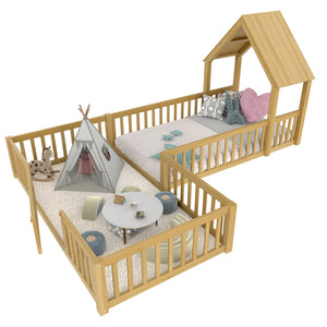 English Elm Twin House Floor Bed with Door & Full-Length Guardrails, Solid Wood Twin Loft Alternative for Kids Natural W1580P327129