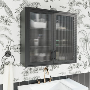 English Elm Retro Wall-Mounted Cabinet with Hazy Tempered Glass Doors, 2 Adjustable Shelves, Steel Black Finish W2378P176274