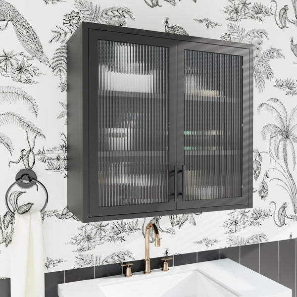 English Elm Retro Wall-Mounted Cabinet with Hazy Tempered Glass Doors, 2 Adjustable Shelves, Steel Black Finish W2378P176274