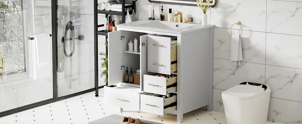 English Elm 30'' Bathroom Vanity With Ceramic Sink Combo - Elegant Freestanding Storage Cabinet & 4 Drawers N710P194420K