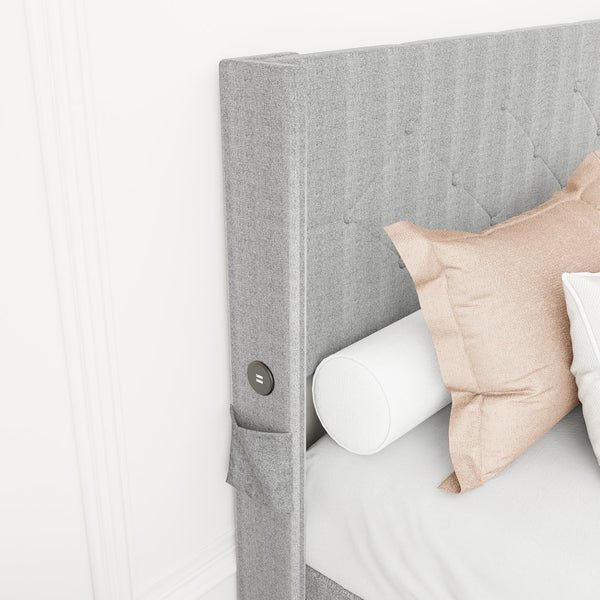 English Elm Full Size bed frame with gas lift storage, modern wingback channel headboard, USB ports included Light Gray W1960P176241