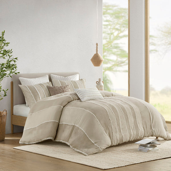 JLA Home INK+IVY - 3 Piece Striped Cotton Duvet Cover Set — Breathable 100% Cotton, OEKO‑TEX Certified, Boho Chic Comfort Taupe II12-1327