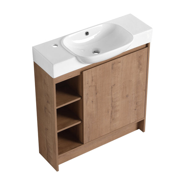 English Elm 30'' Freestanding vanity with white ceramic sink, soft-close doors, water-resistant melamine finish, modern handle design Imitative Oak W999P310754