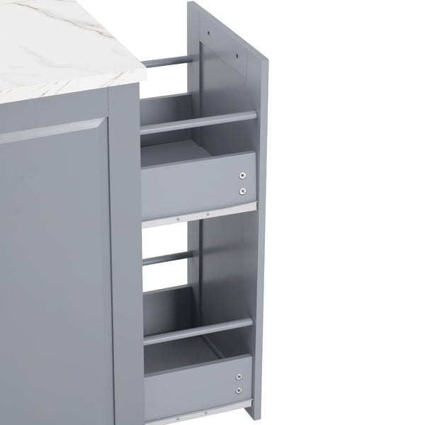 English Elm K&K Vintage Convex Kitchen Island Cart with Faux Marble Top, Tilt Trash, Pull-Out Organizer, Wheels Grey+Blue N707P299008G