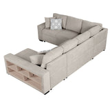 English Elm 109" U-Shaped Sectional Sofa Pull-Out Sofa Bed With Two Usb Ports, A Storage Chaise Lounge and Four Back Pillows For Living Room, Beige