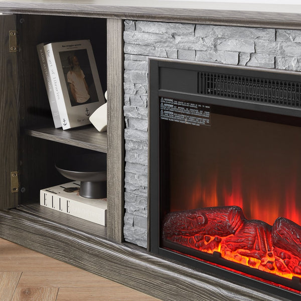 English Elm 70" Modern TV Stand with 23" Electric Fireplace, Faux Stone Mantel, Ample Storage & Cable Management Grey W2275S00024