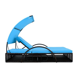 English Elm U_style Outdoor Double Sun Lounger Hdpe Wicker Steel Frame with Canopy Pop up Tables Blue WY000485AAC