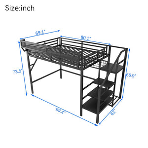 English Elm Queen Metal Loft Bed with Stair Storage Wardrobe Rgb Lighting for Teens Adults W2580S00052