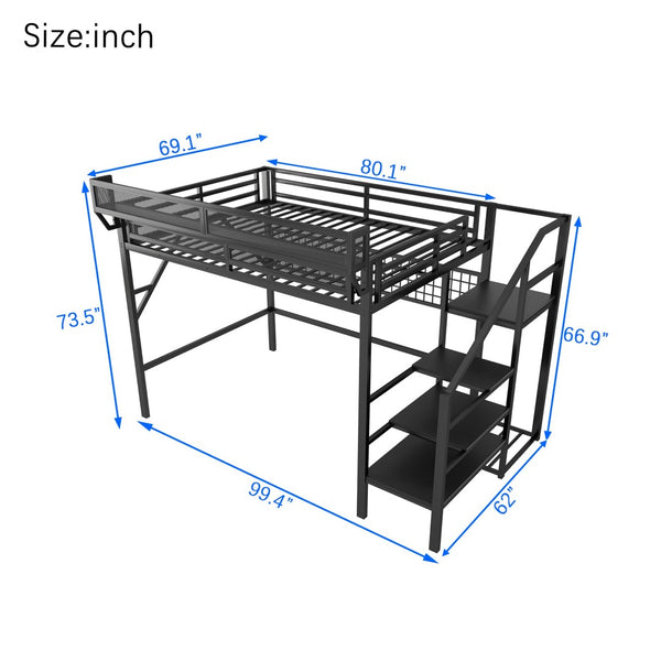 English Elm Queen Metal Loft Bed with Stair Storage Wardrobe Rgb Lighting for Teens Adults W2580S00052